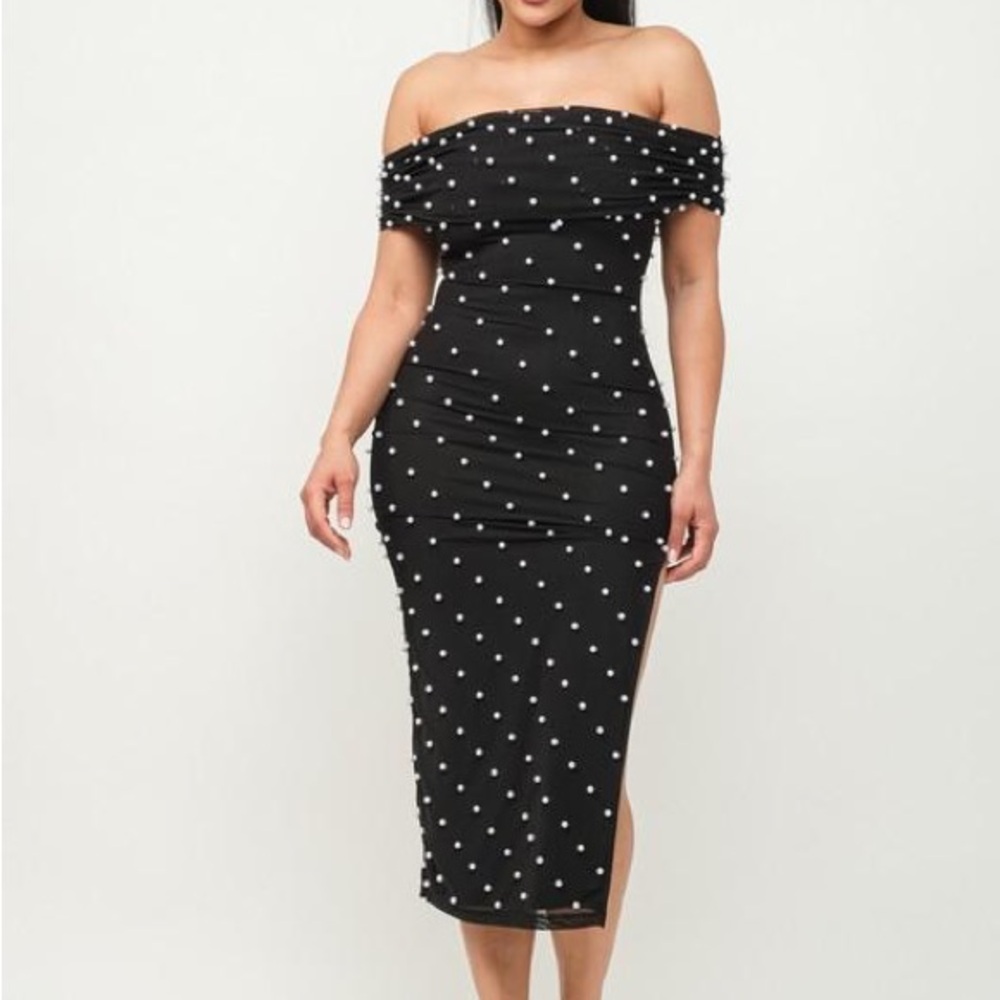 Elegant Black Polka Dot Off-Shoulder Dress